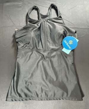 Sol Borne Black Zip-Front Tankini Swimsuit Top Size S